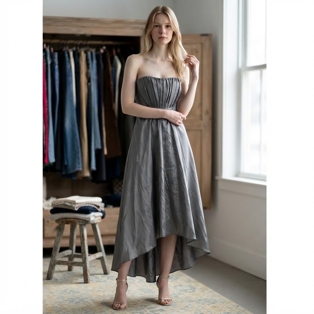 B2 Jasmine Strapless High Low Formal Dress Womens 10 Silver Grey Pleated Evening